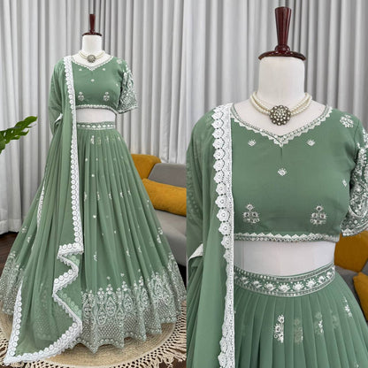 Wedding Wear Light Green Color Georgette Lehenga Choli With Dupatta Set