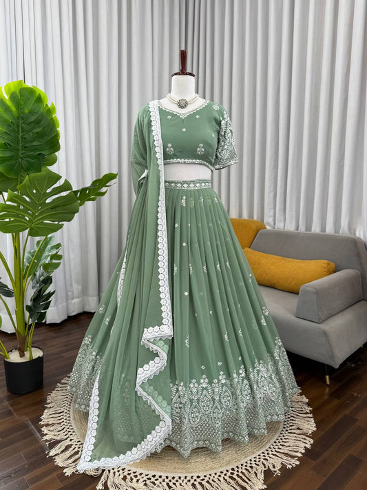Wedding Wear Light Green Color Georgette Lehenga Choli With Dupatta Set