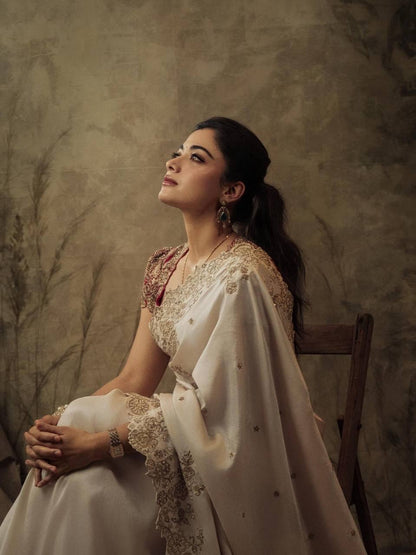 Rashmika Mandhana Wear Cream Color Soft Rangoli Silk Saree