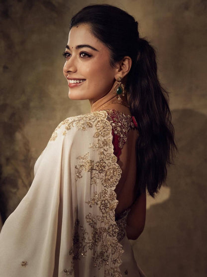 Rashmika Mandhana Wear Cream Color Soft Rangoli Silk Saree