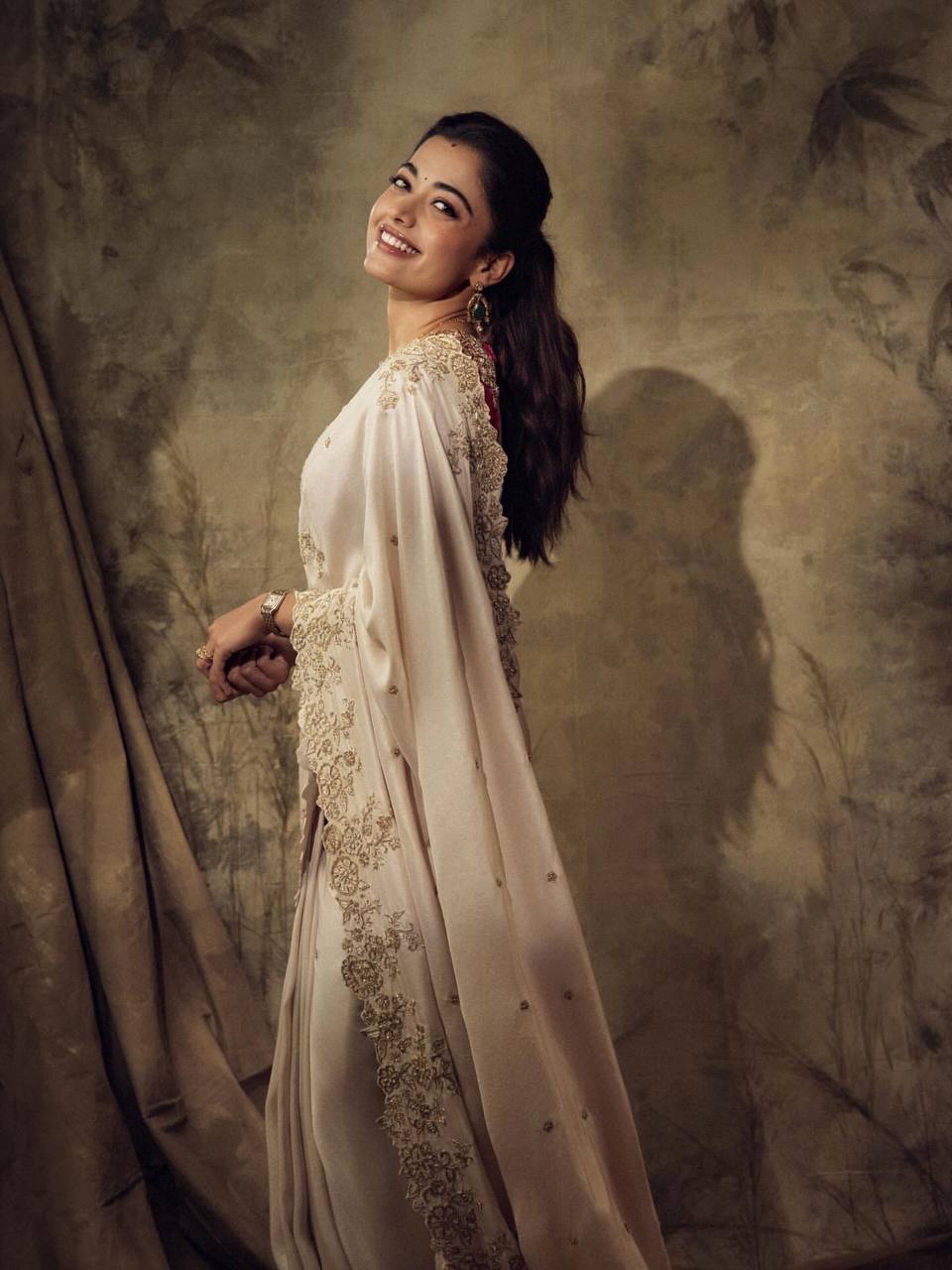 Rashmika Mandhana Wear Cream Color Soft Rangoli Silk Saree