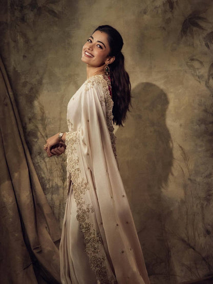 Rashmika Mandhana Wear Cream Color Soft Rangoli Silk Saree