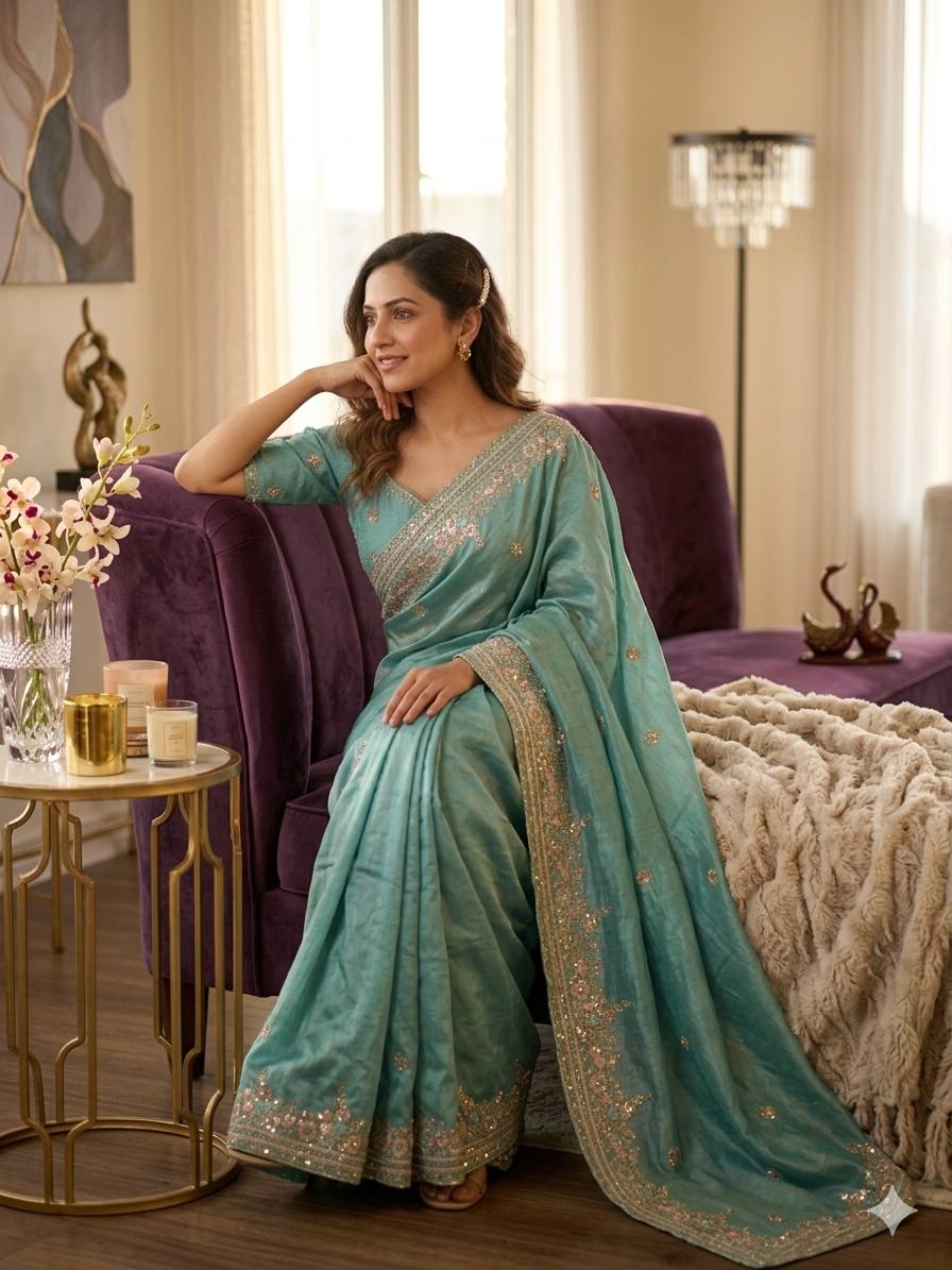 Wedding Wear Sky Blue Color Beautiful Sequence Work Designer Saree