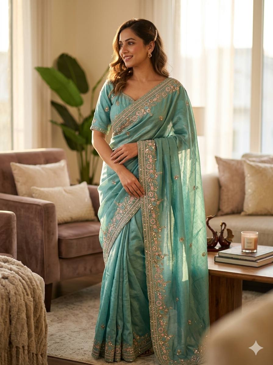 Wedding Wear Sky Blue Color Beautiful Sequence Work Designer Saree