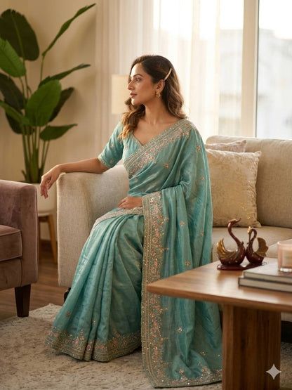 Wedding Wear Sky Blue Color Beautiful Sequence Work Designer Saree