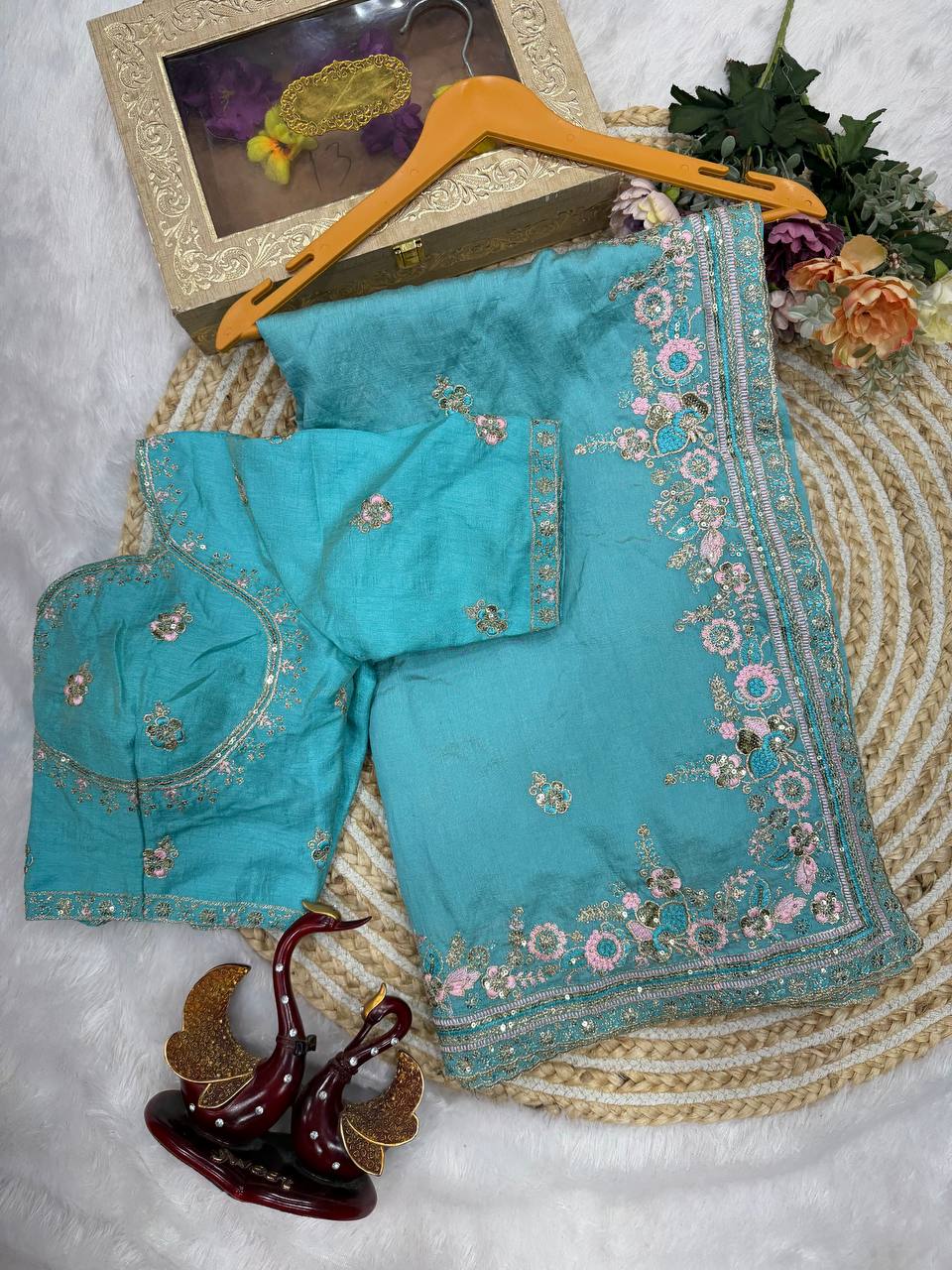 Wedding Wear Sky Blue Color Beautiful Sequence Work Designer Saree