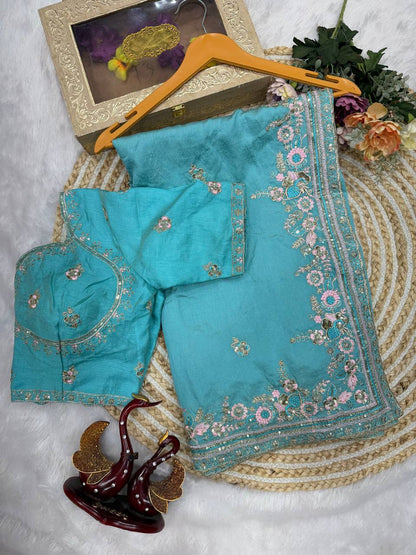 Wedding Wear Sky Blue Color Beautiful Sequence Work Designer Saree