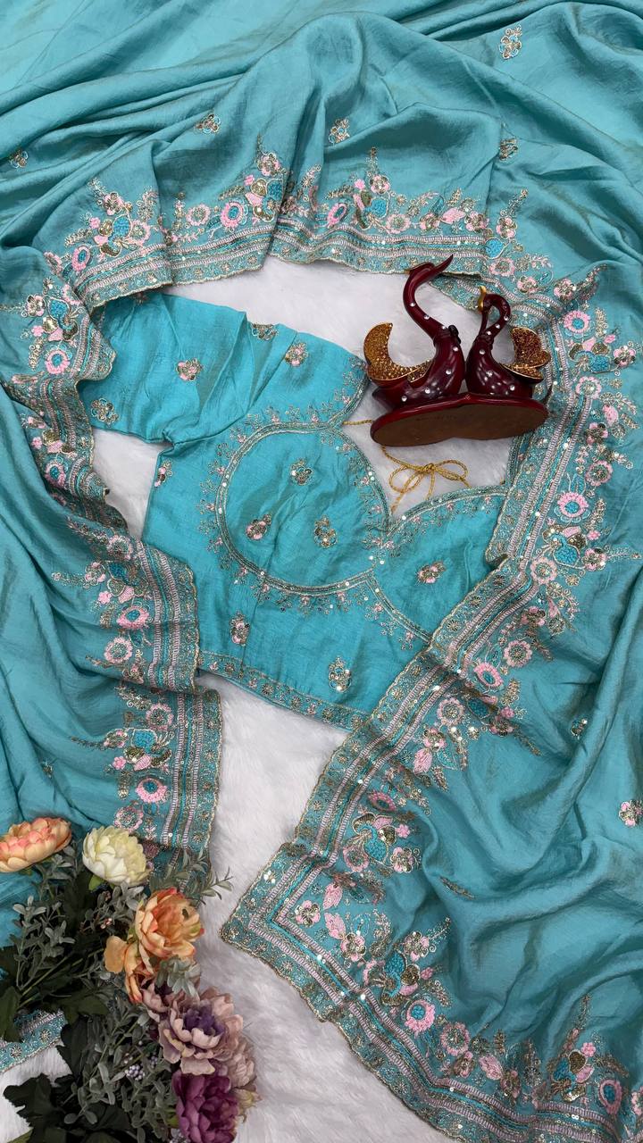 Wedding Wear Sky Blue Color Beautiful Sequence Work Designer Saree