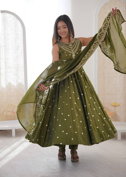 Function Wear Green Color Roman Silk Arti Chauhan Anarkali Gown Set
