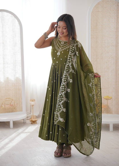 Function Wear Green Color Roman Silk Arti Chauhan Anarkali Gown Set