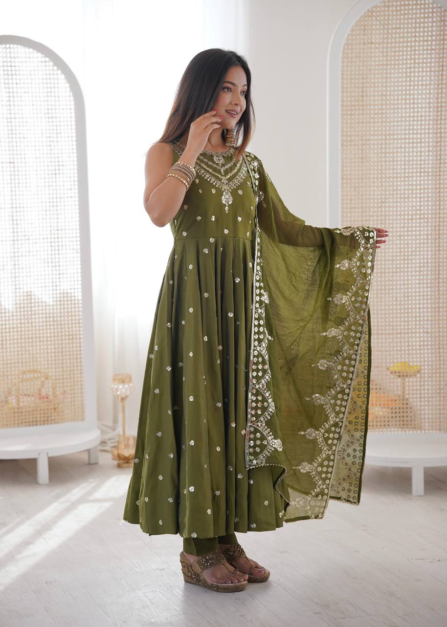 Function Wear Green Color Roman Silk Arti Chauhan Anarkali Gown Set
