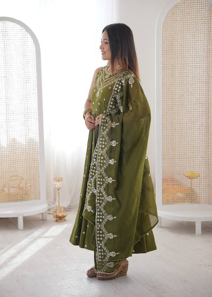 Function Wear Green Color Roman Silk Arti Chauhan Anarkali Gown Set