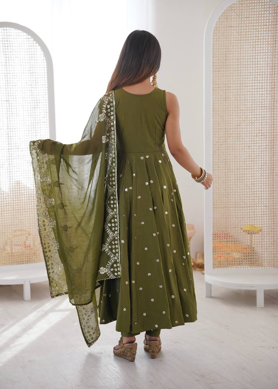 Function Wear Green Color Roman Silk Arti Chauhan Anarkali Gown Set