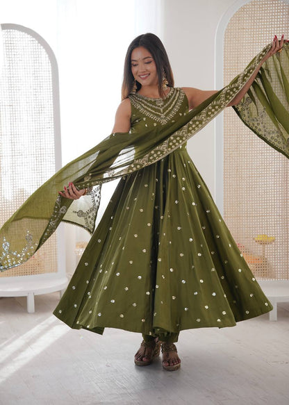 Function Wear Green Color Roman Silk Arti Chauhan Anarkali Gown Set