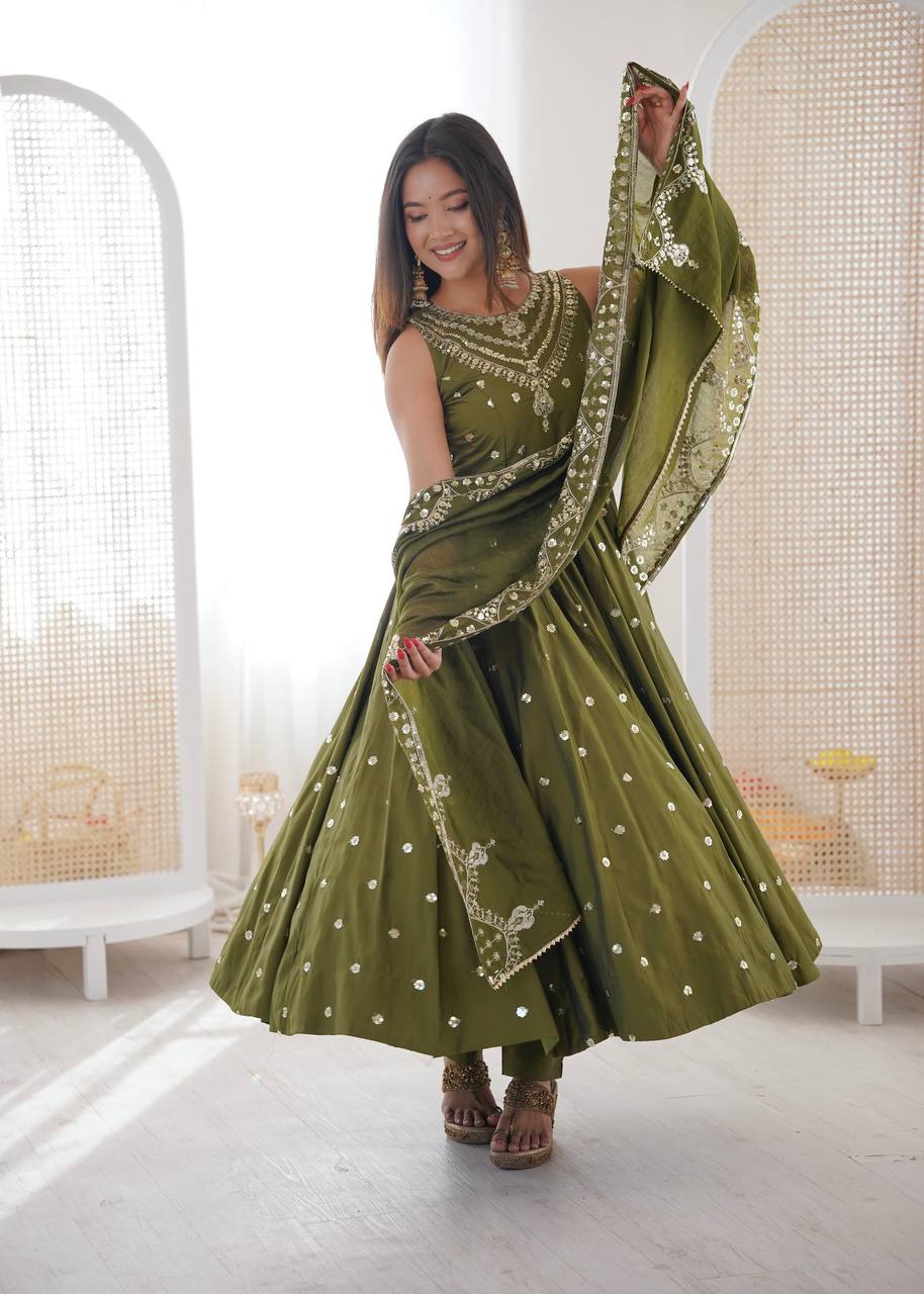 Function Wear Green Color Roman Silk Arti Chauhan Anarkali Gown Set