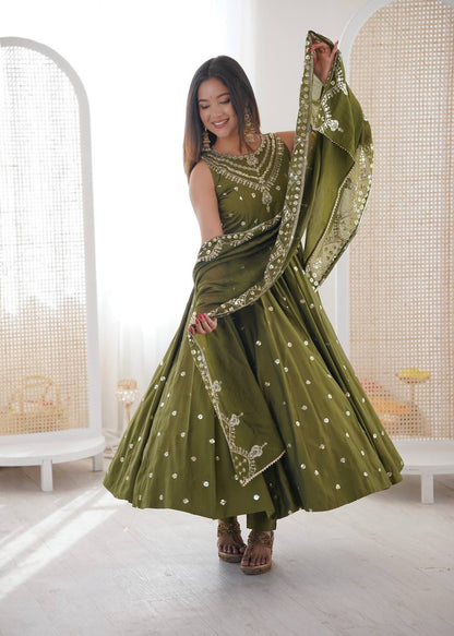 Function Wear Green Color Roman Silk Arti Chauhan Anarkali Gown Set