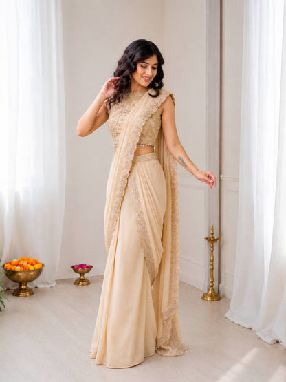 Bollywood Wear Cream Color Embroidery Sequins Work Lehenga Style Outfit