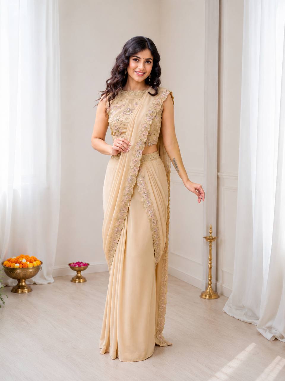 Bollywood Wear Cream Color Embroidery Sequins Work Lehenga Style Outfit