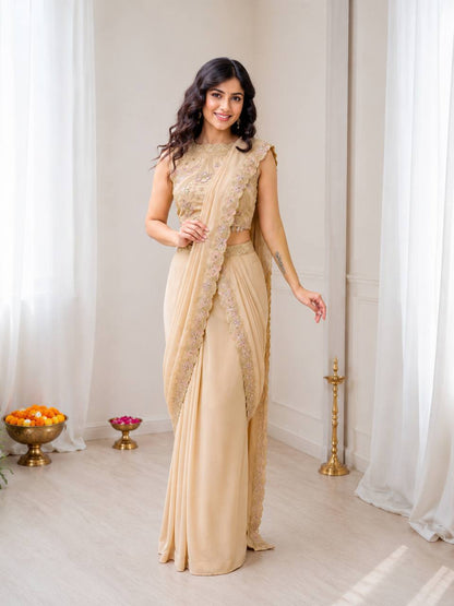 Bollywood Wear Cream Color Embroidery Sequins Work Lehenga Style Outfit