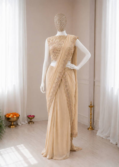 Bollywood Wear Cream Color Embroidery Sequins Work Lehenga Style Outfit