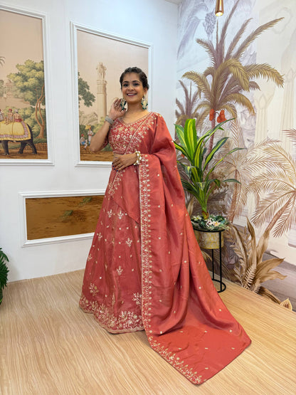 Receptions Wear Dusty Orange Color Embroidered Fully Stitched Lehenga Choli