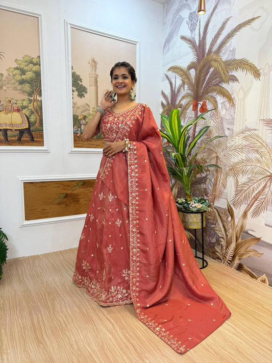 Receptions Wear Dusty Orange Color Embroidered Fully Stitched Lehenga Choli