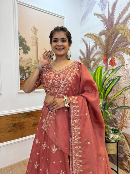 Receptions Wear Dusty Orange Color Embroidered Fully Stitched Lehenga Choli
