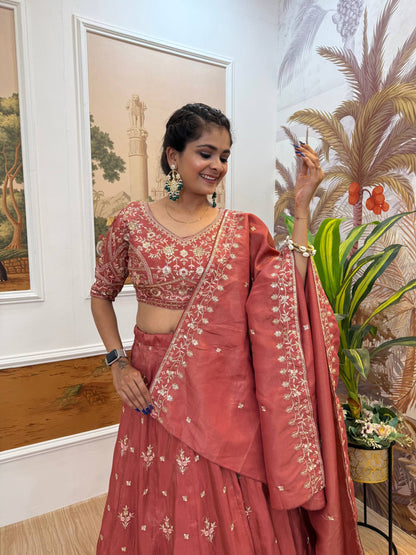 Receptions Wear Dusty Orange Color Embroidered Fully Stitched Lehenga Choli