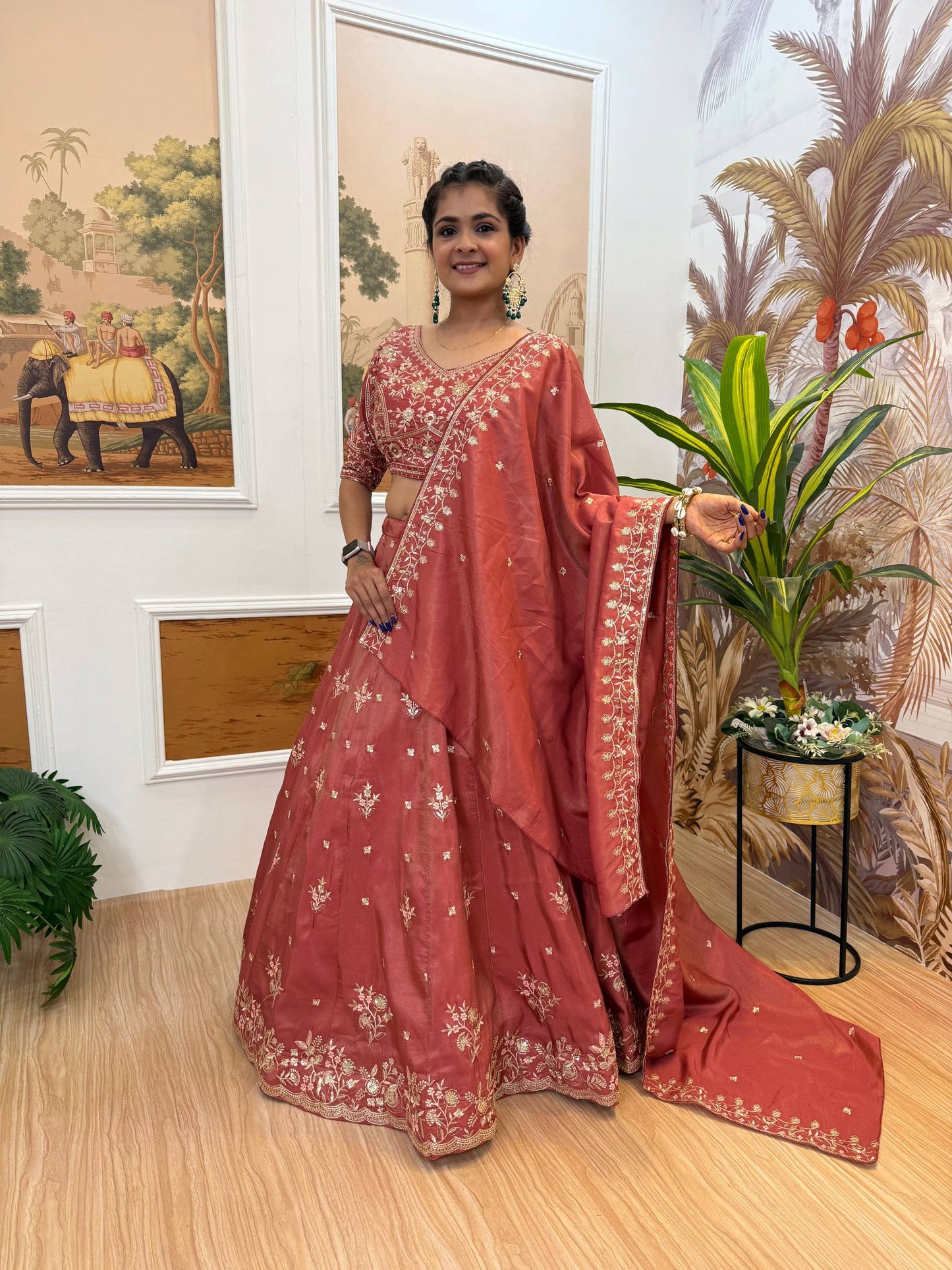 Receptions Wear Dusty Orange Color Embroidered Fully Stitched Lehenga Choli