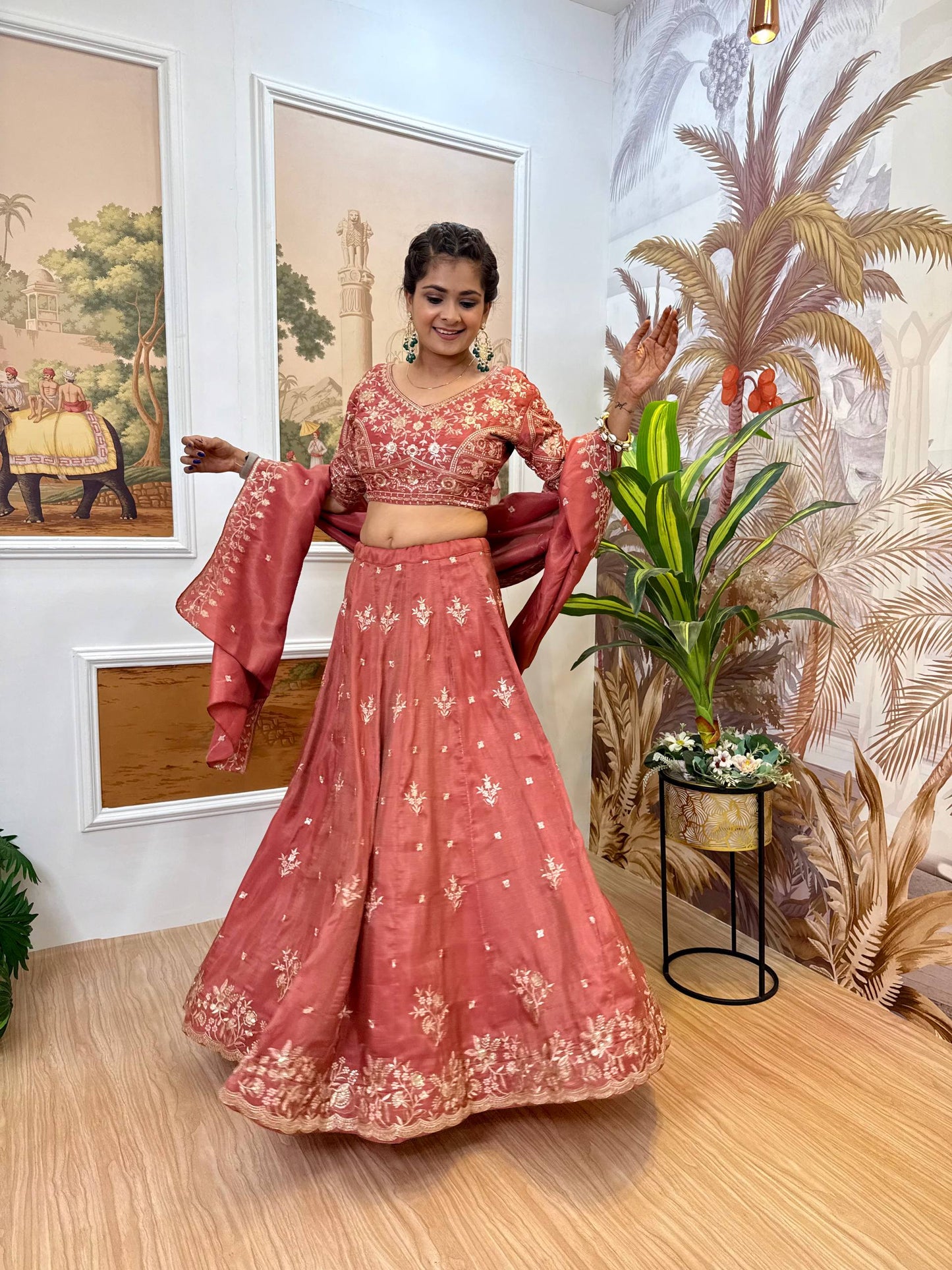 Receptions Wear Dusty Orange Color Embroidered Fully Stitched Lehenga Choli