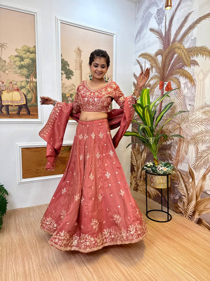 Receptions Wear Dusty Orange Color Embroidered Fully Stitched Lehenga Choli