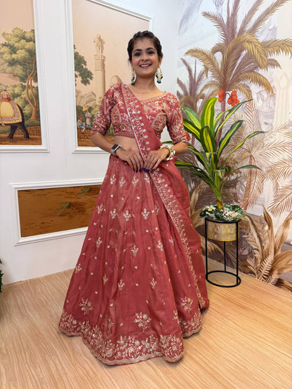 Receptions Wear Dusty Orange Color Embroidered Fully Stitched Lehenga Choli