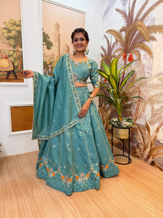 Wedding Wear Dusty Green Color Embroidered Fully Stitched Lehenga Choli