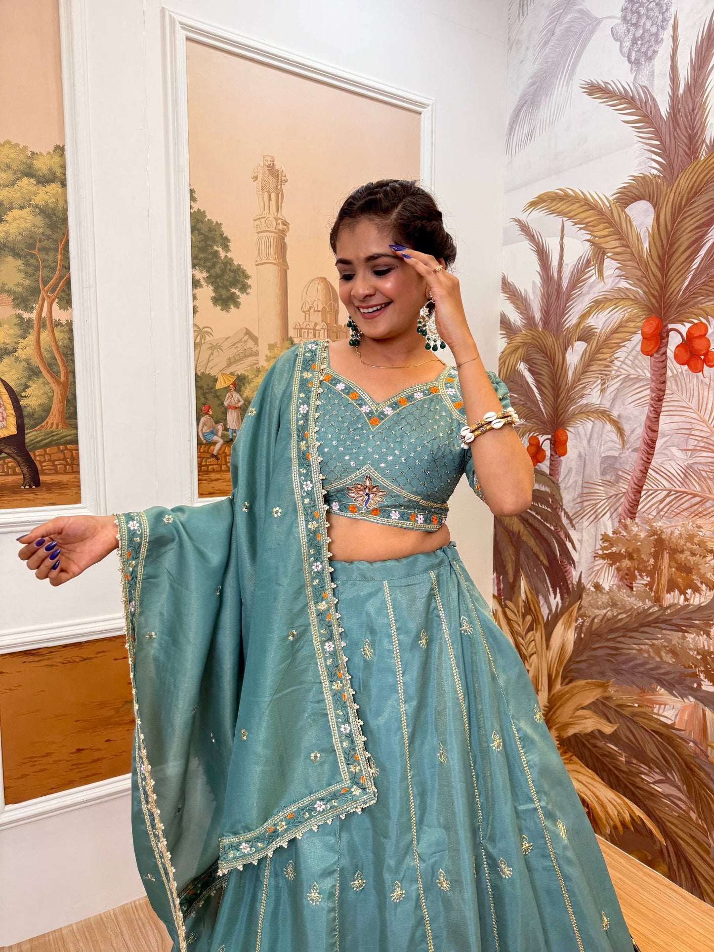 Wedding Wear Dusty Green Color Embroidered Fully Stitched Lehenga Choli