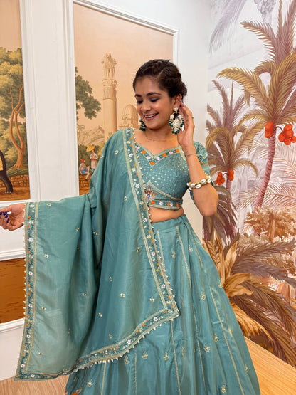 Wedding Wear Dusty Green Color Embroidered Fully Stitched Lehenga Choli