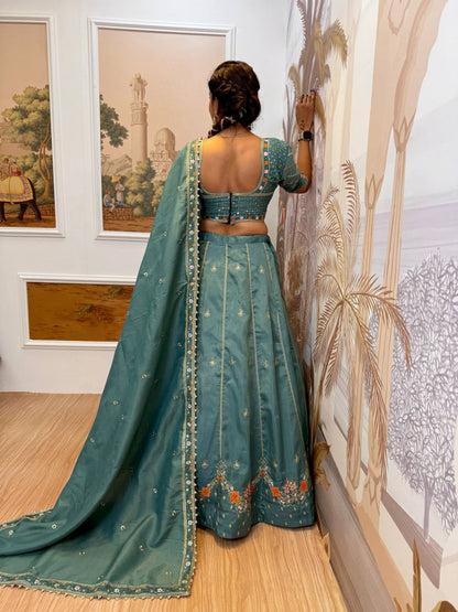 Wedding Wear Dusty Green Color Embroidered Fully Stitched Lehenga Choli