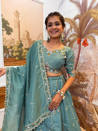 Wedding Wear Dusty Green Color Embroidered Fully Stitched Lehenga Choli