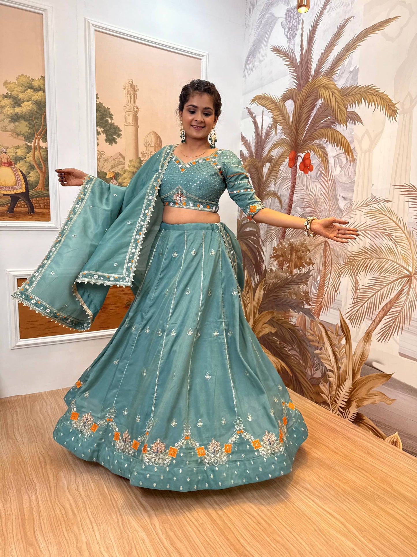 Wedding Wear Dusty Green Color Embroidered Fully Stitched Lehenga Choli
