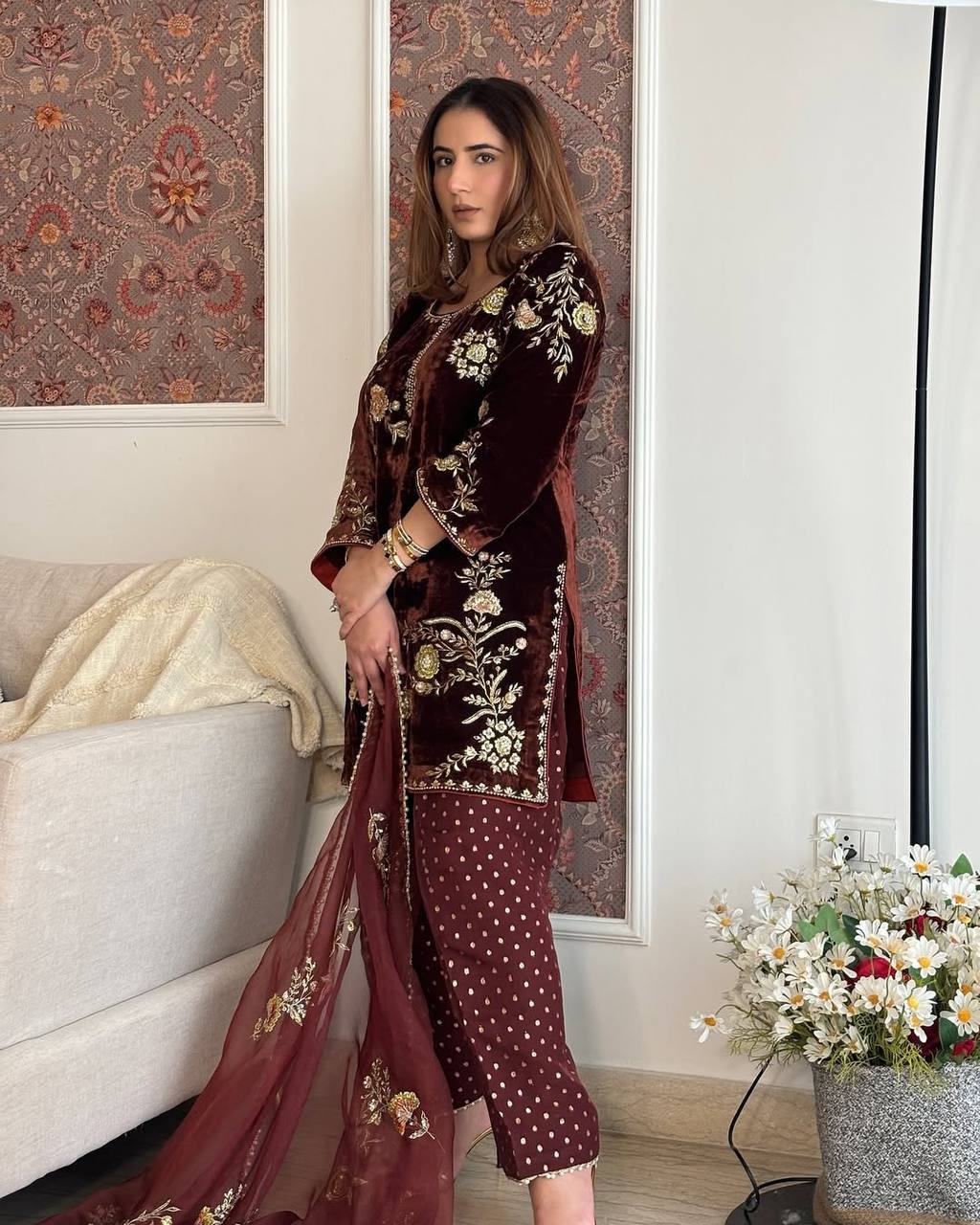 Coffee Color Designer Velvet Farshi Salwar Suit Set