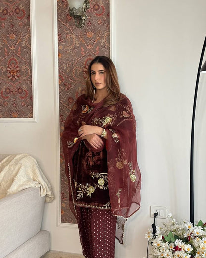 Coffee Color Designer Velvet Farshi Salwar Suit Set