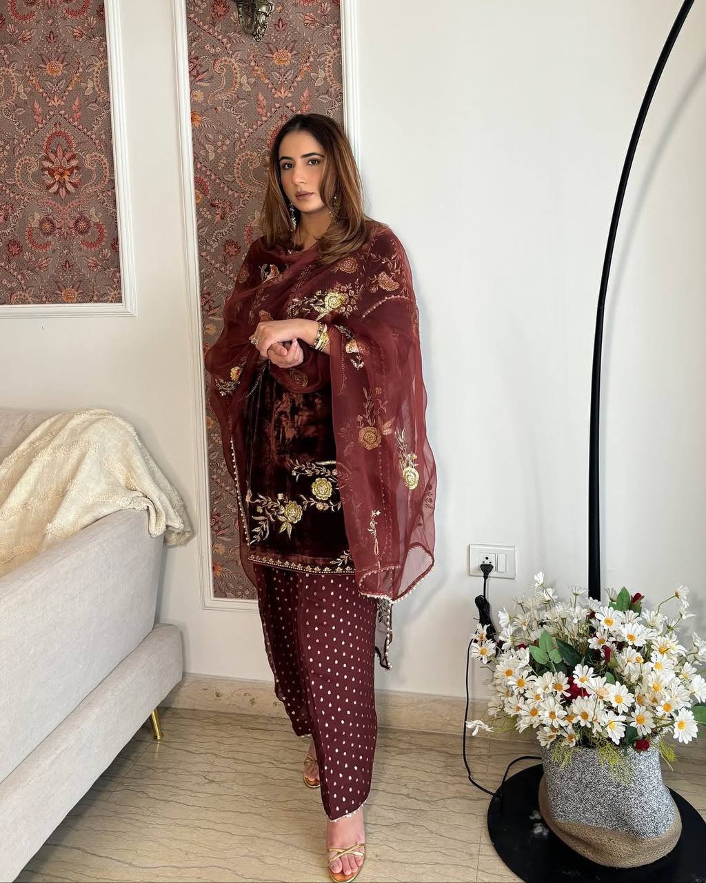 Coffee Color Designer Velvet Farshi Salwar Suit Set