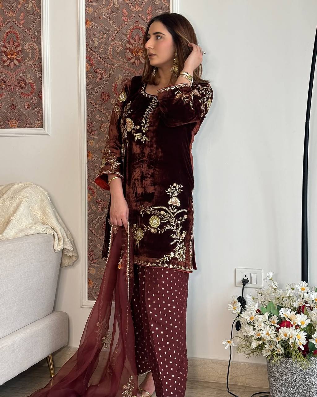 Coffee Color Designer Velvet Farshi Salwar Suit Set