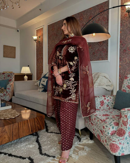 Coffee Color Designer Velvet Farshi Salwar Suit Set