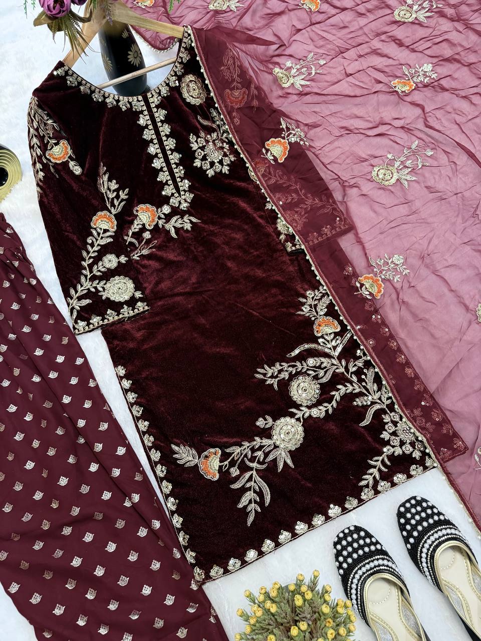Coffee Color Designer Velvet Farshi Salwar Suit Set