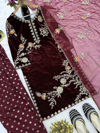 Coffee Color Designer Velvet Farshi Salwar Suit Set
