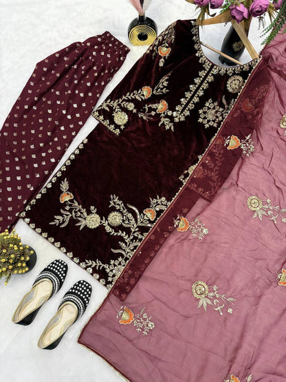 Coffee Color Designer Velvet Farshi Salwar Suit Set