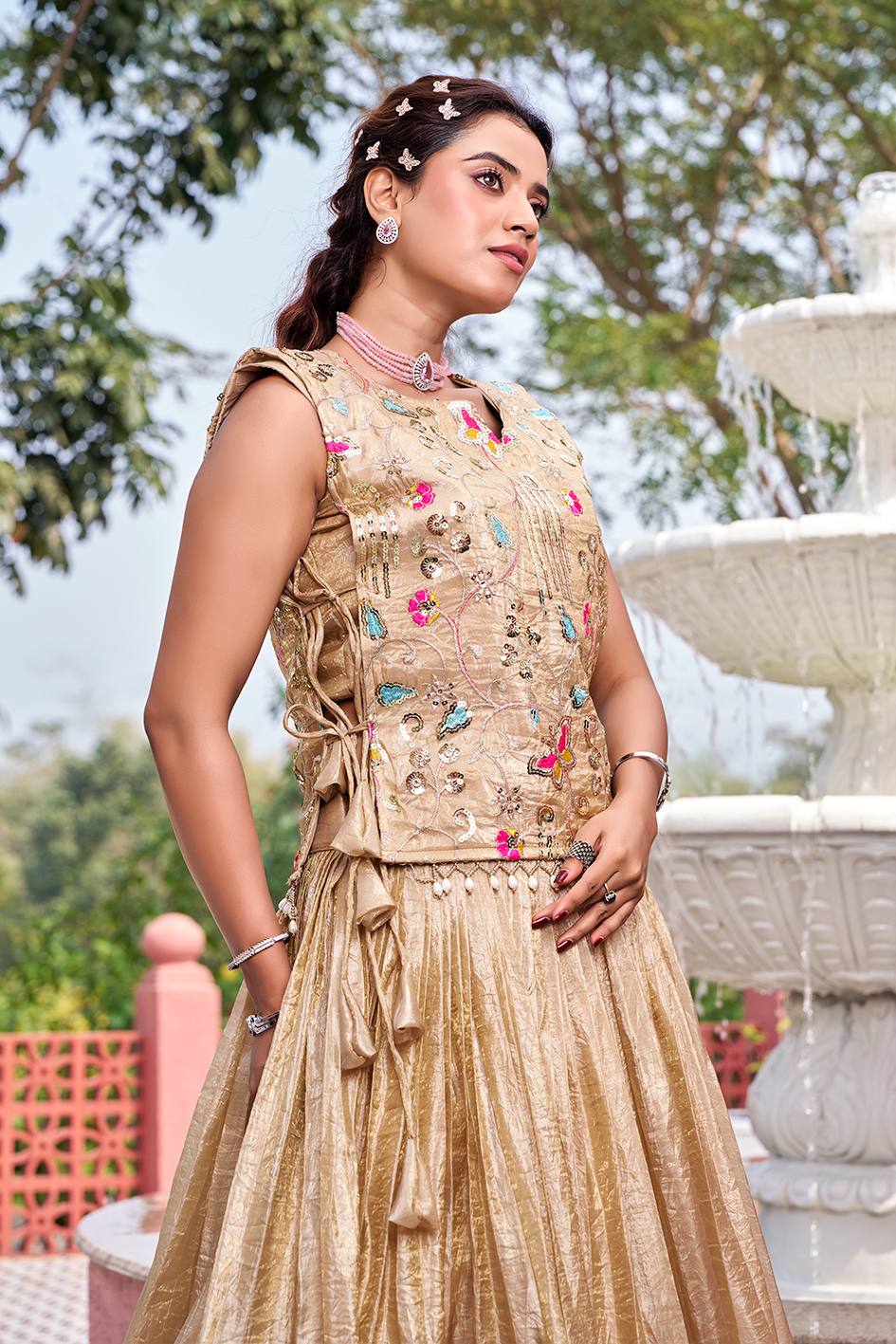 Haldi Wear Beige Color Heavy Embroidery Lehenga With Shrug
