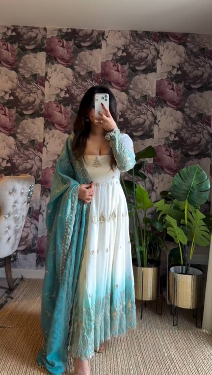 Wedding Wear Off White With Blue Color Georgette Anarkali Gown Set