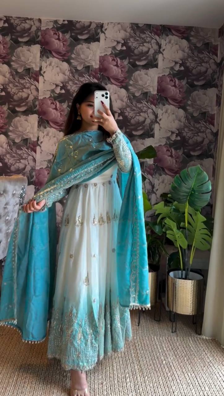 Wedding Wear Off White With Blue Color Georgette Anarkali Gown Set