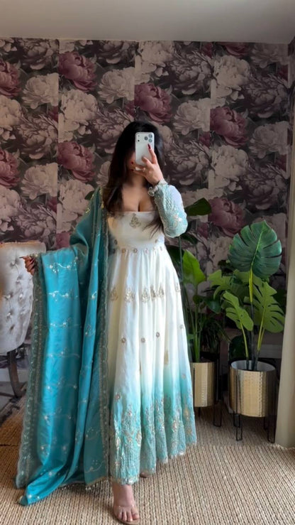 Wedding Wear Off White With Blue Color Georgette Anarkali Gown Set